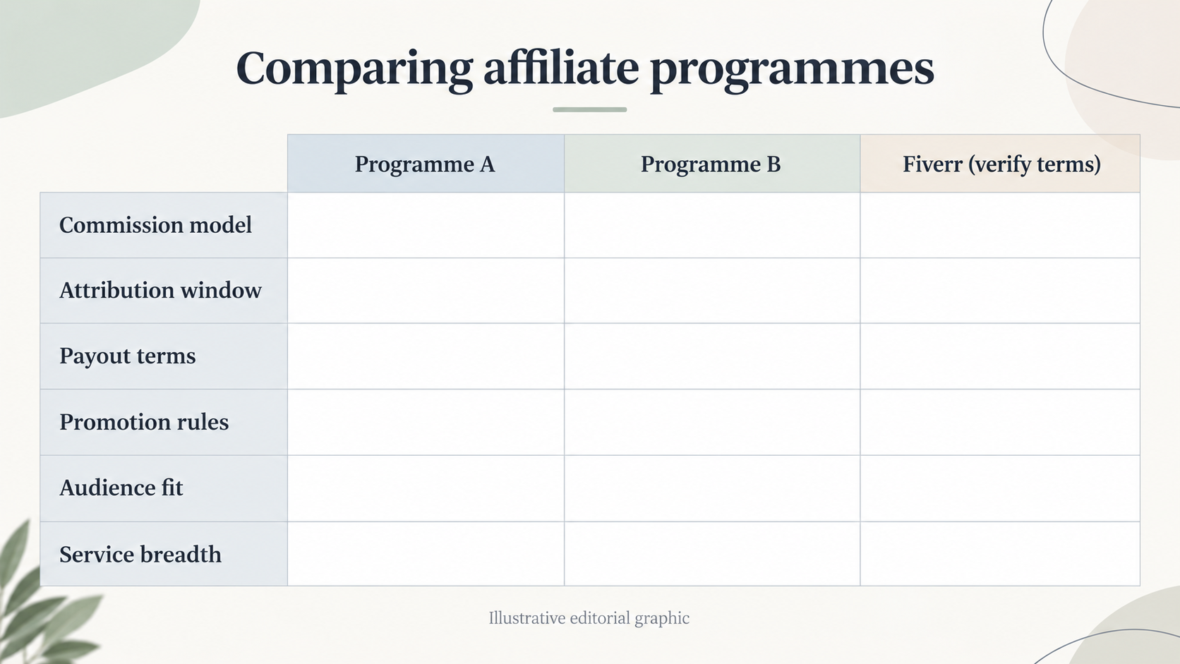 Give readers a criteria-based side-by-side frame for comparing Fiverr's affiliate programme with other freelance-marketplace or service-based programmes, without claims about named competitors