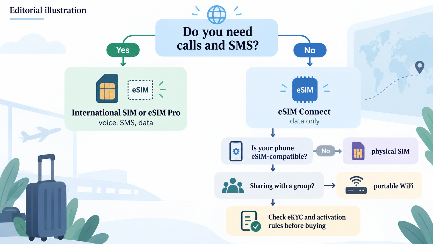 Give readers a quick visual flowchart for choosing between a WorldSIM eSIM, physical SIM or portable WiFi