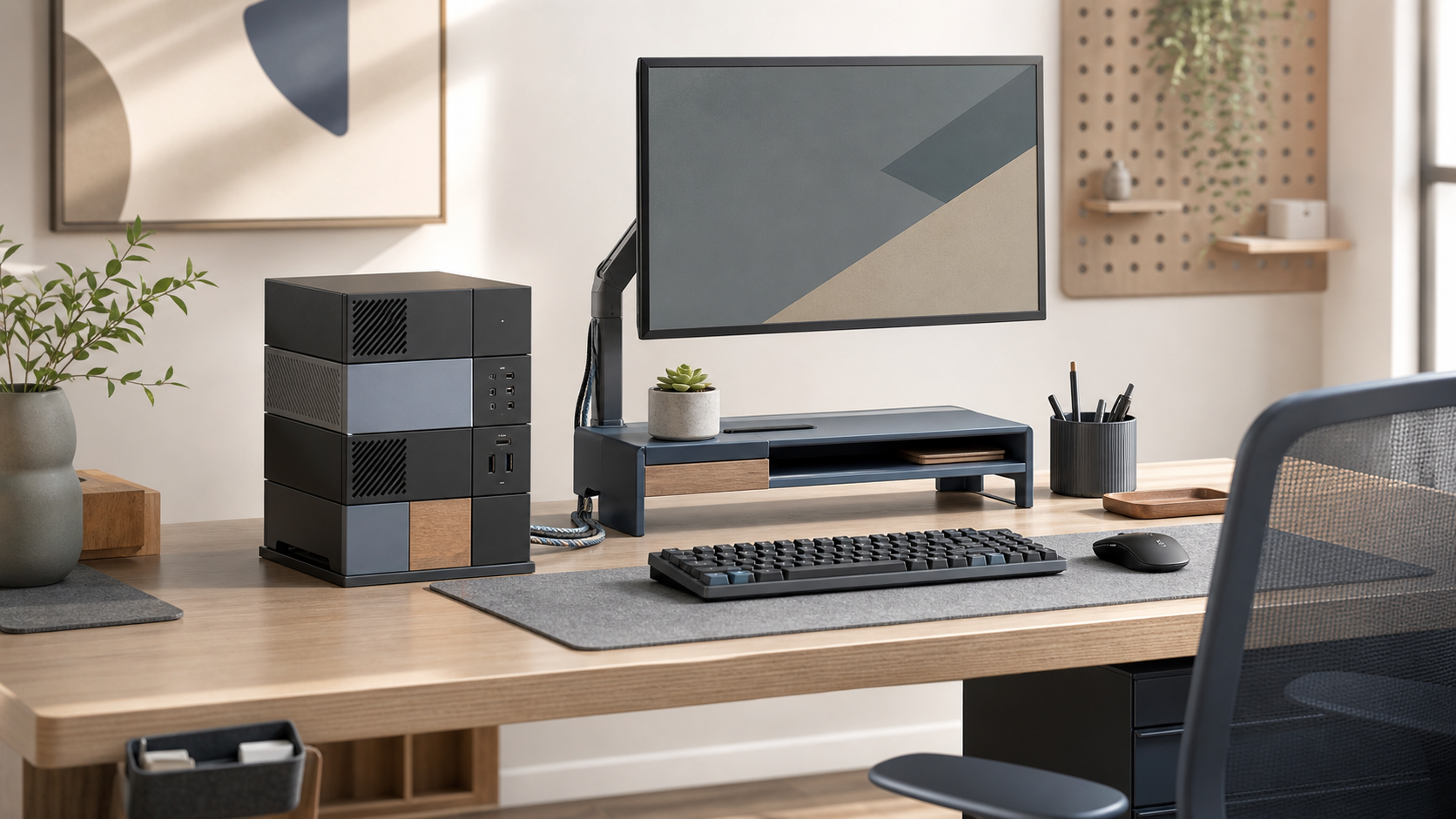Framework Desktop in a compact desk setup
