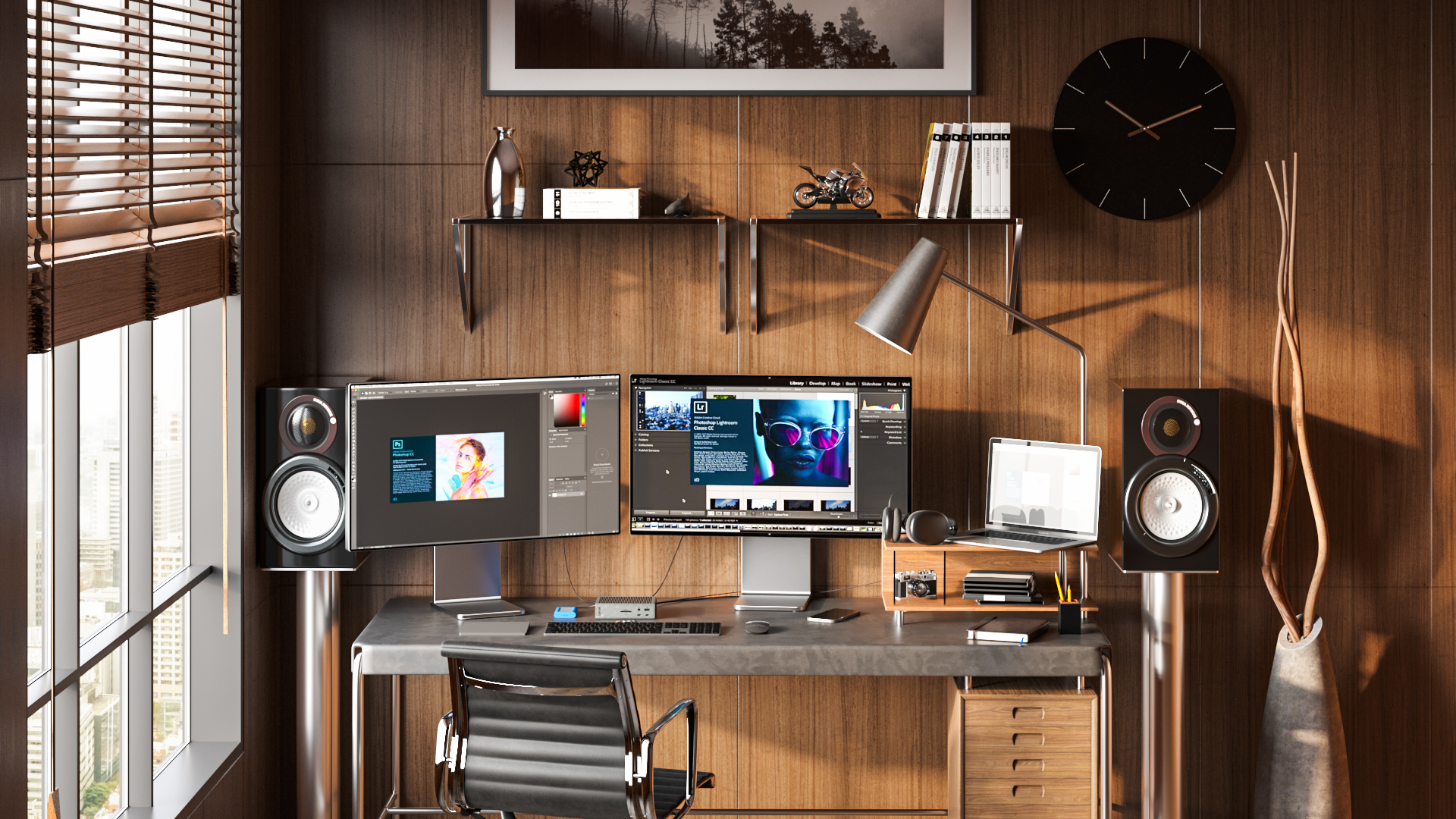 USB-C and Thunderbolt dock connected to a laptop and dual monitor desk