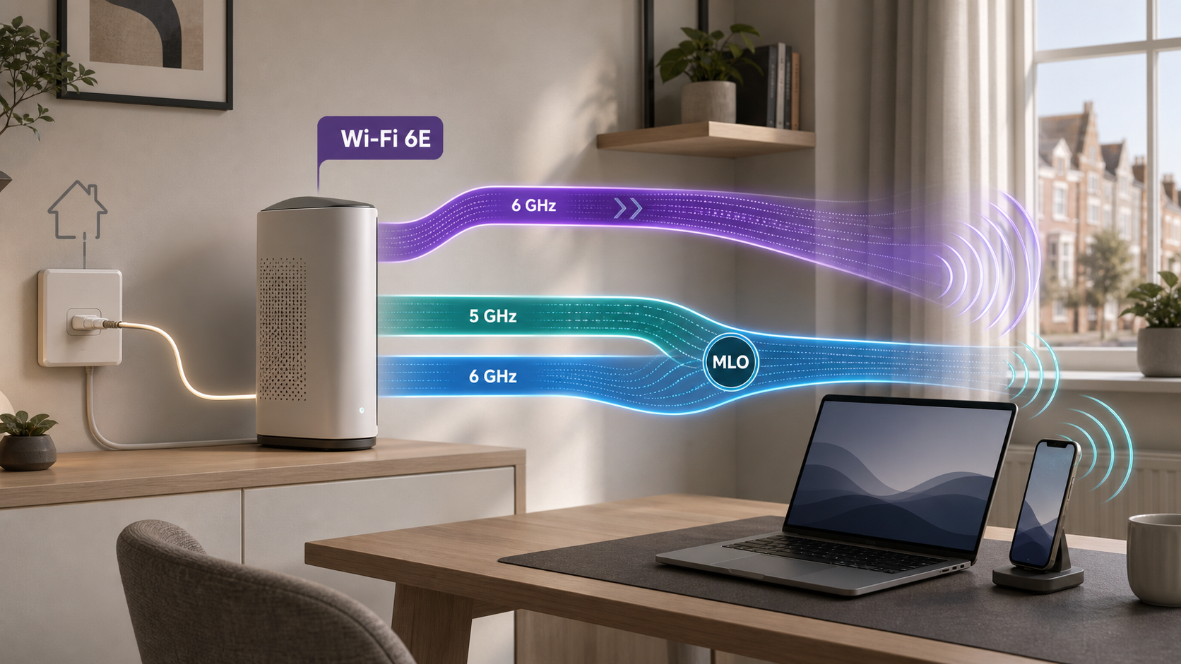 Editorial network path illustration showing the Wi-Fi 7 vs Wi-Fi 6E upgrade decision